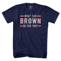 Men's Tee in Navy with What Can Brown Do For You? New England football graphic