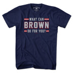 Men's Tee in Navy with What Can Brown Do For You? New England football graphic