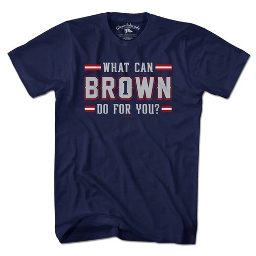 Men's Tee in Navy with What Can Brown Do For You? New England football graphic