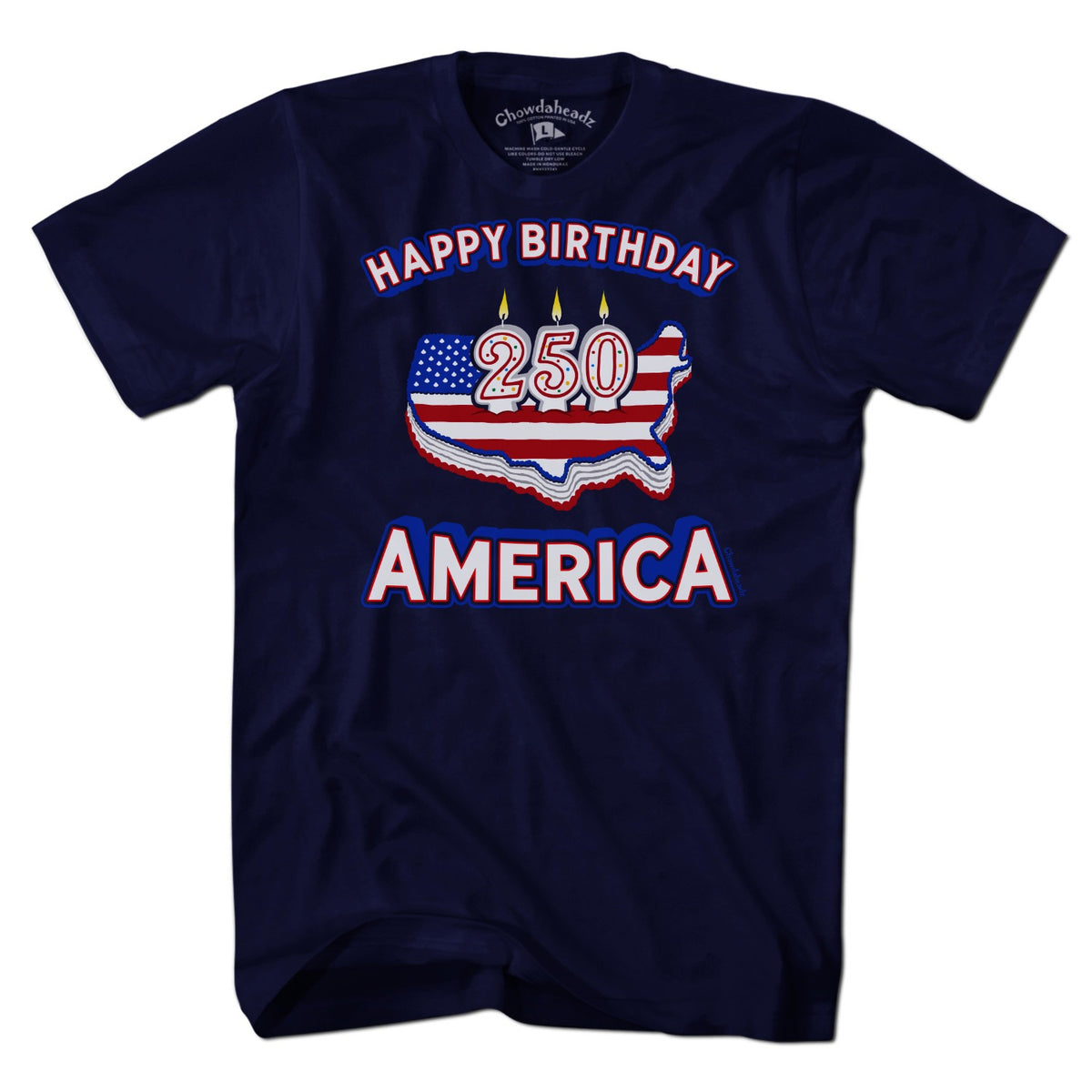 Men's Tee Navy t-shirt with Happy Birthday America 250 birthday cake graphic design for July 4th celebration