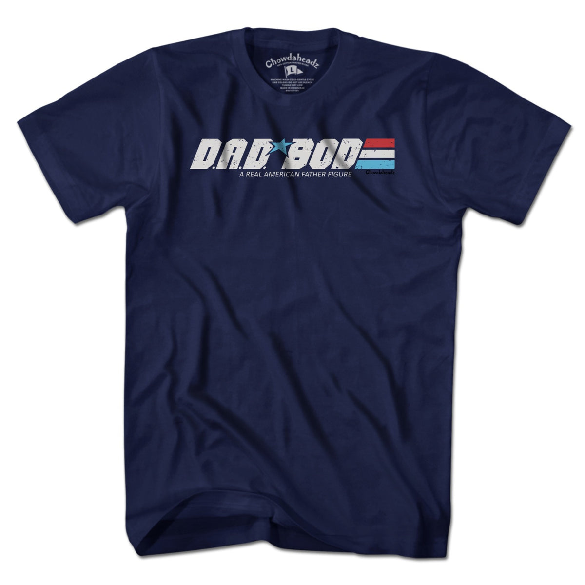 Men's Tee in Navy with D.A.D. BOD A Real American Figure graphic