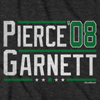 Close-up of Pierce Garnett '08 hoodie design — dual-portrait graphic detail