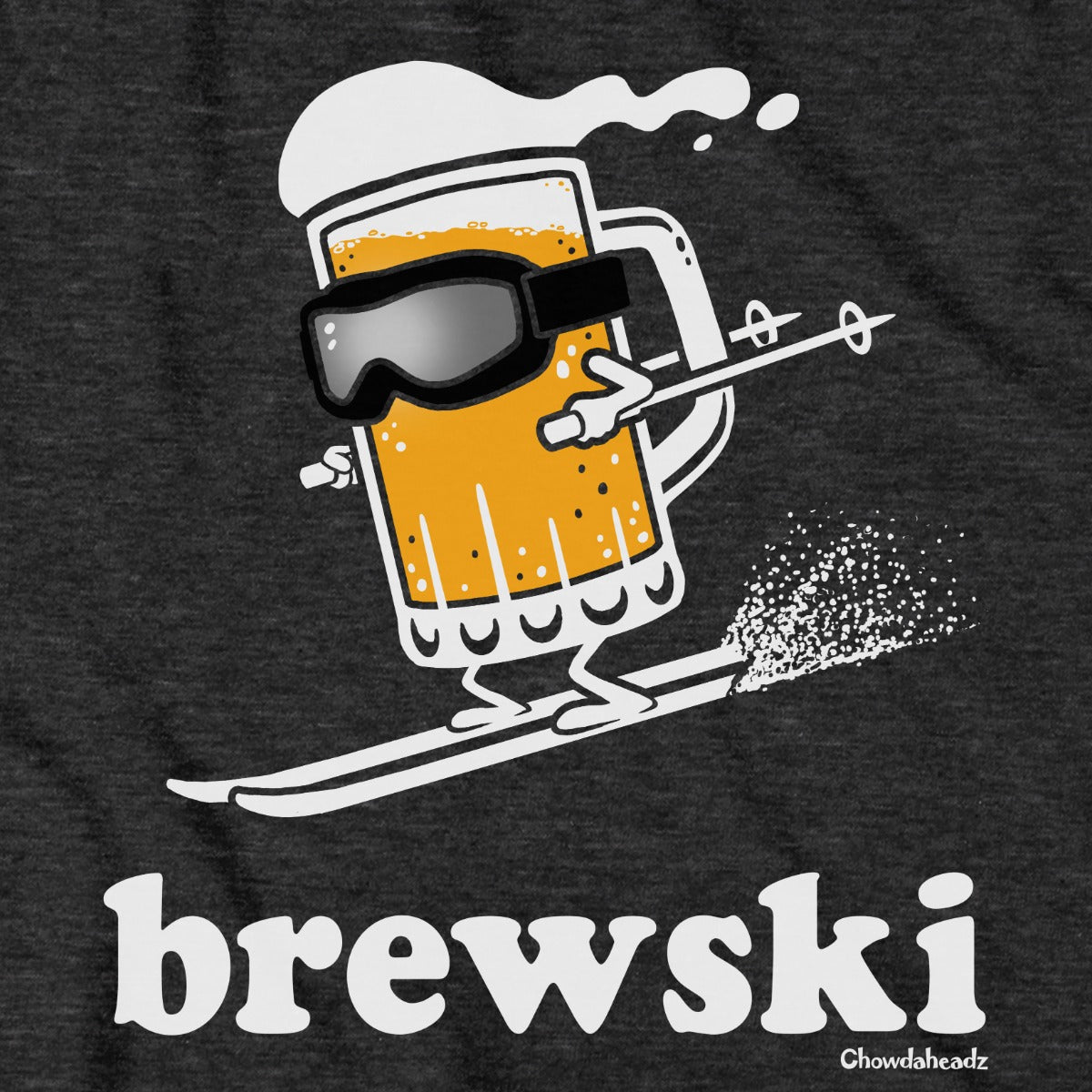 Close-up of a gold beer mug wearing ski goggles and holding poles on skis above white brewski lettering on charcoal fabric