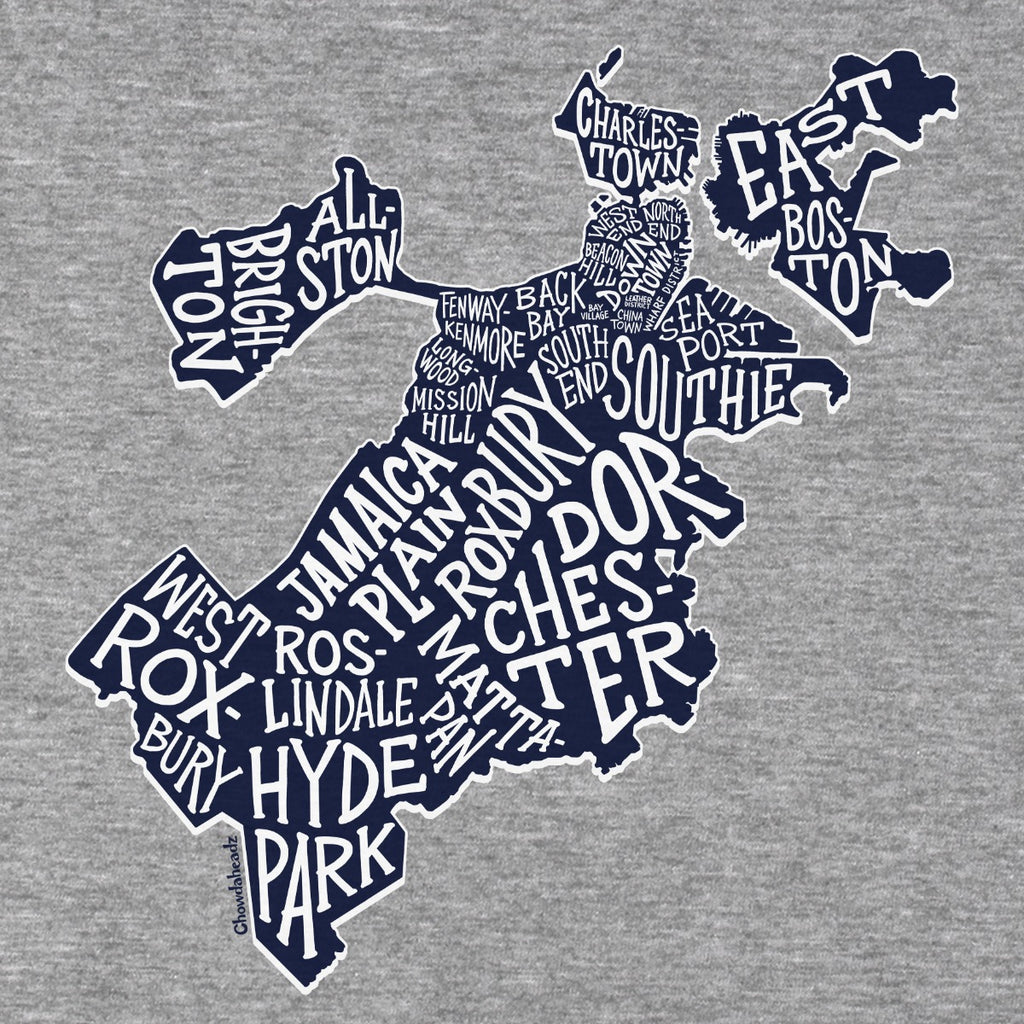 Close-up of the navy-and-white Boston map graphic, with neighborhood names arranged within the city outline on gray fabric