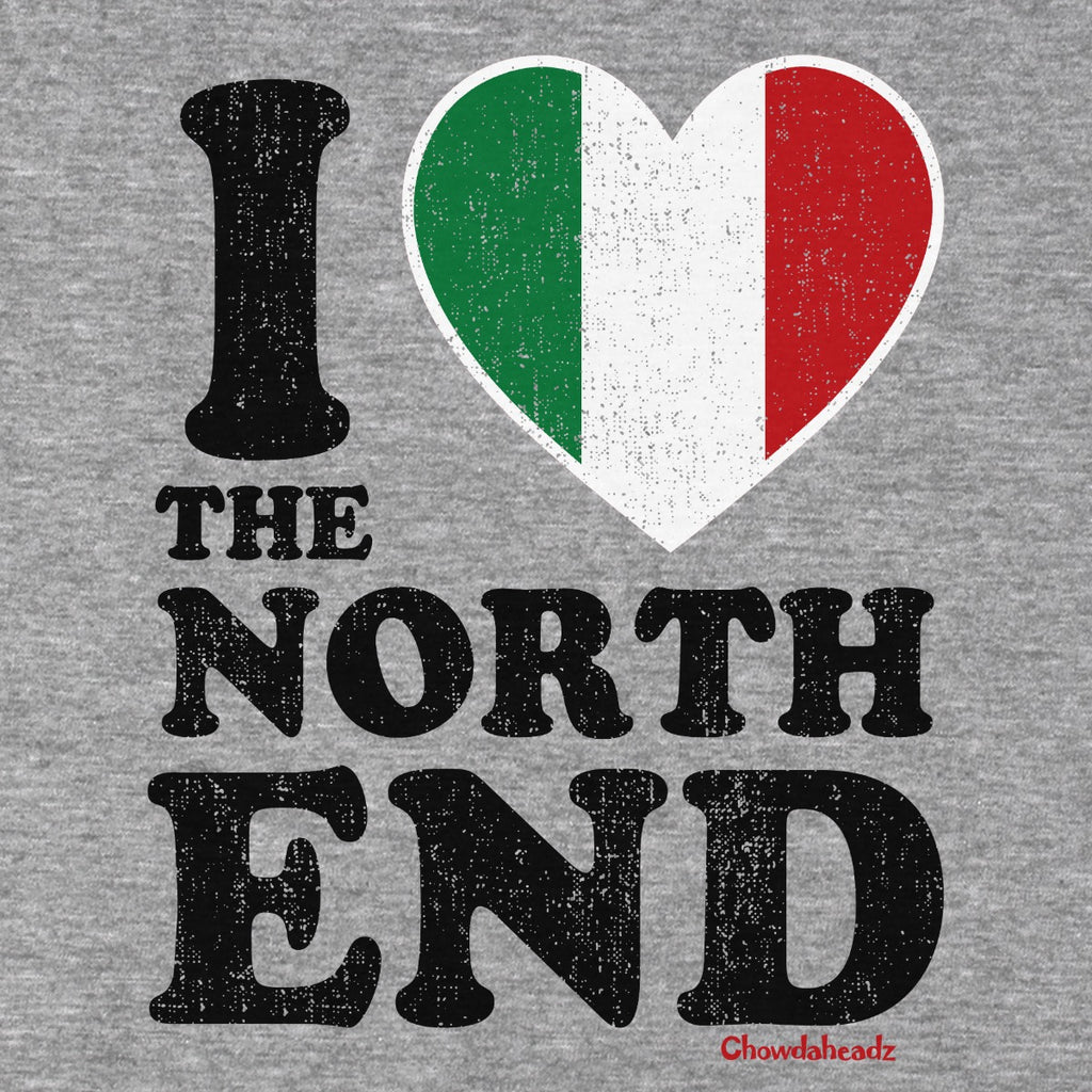 Close-up of I Heart The North End hoodie artwork on gray fabric, showing distressed black lettering and a green, white, and red heart.