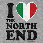 Close-up of the I Heart The North End design on gray fabric, with distressed black lettering and an Italian-flag heart.