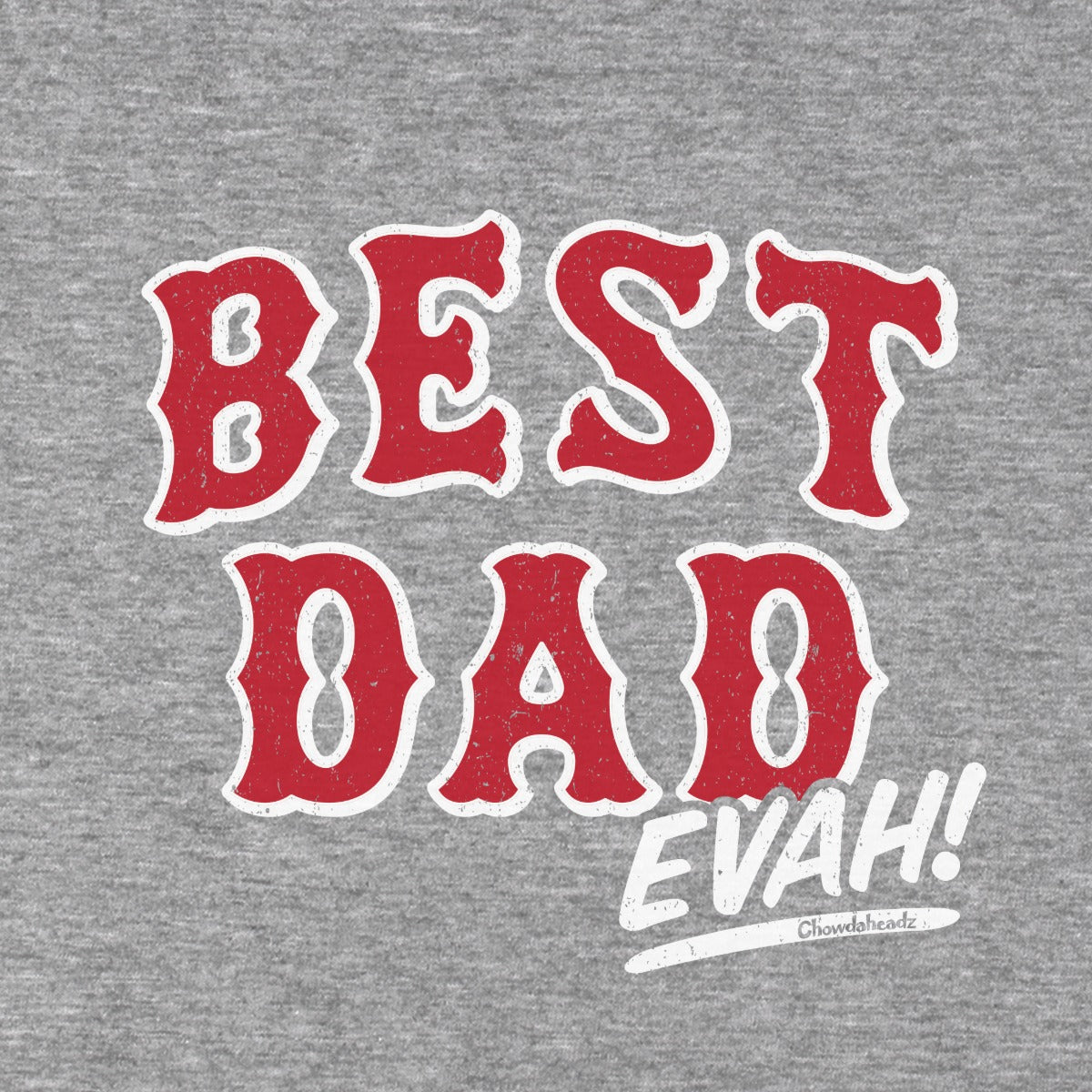 Close-up of Best Dad Evah Home Team Baseball t-shirt in gray — graphic detail