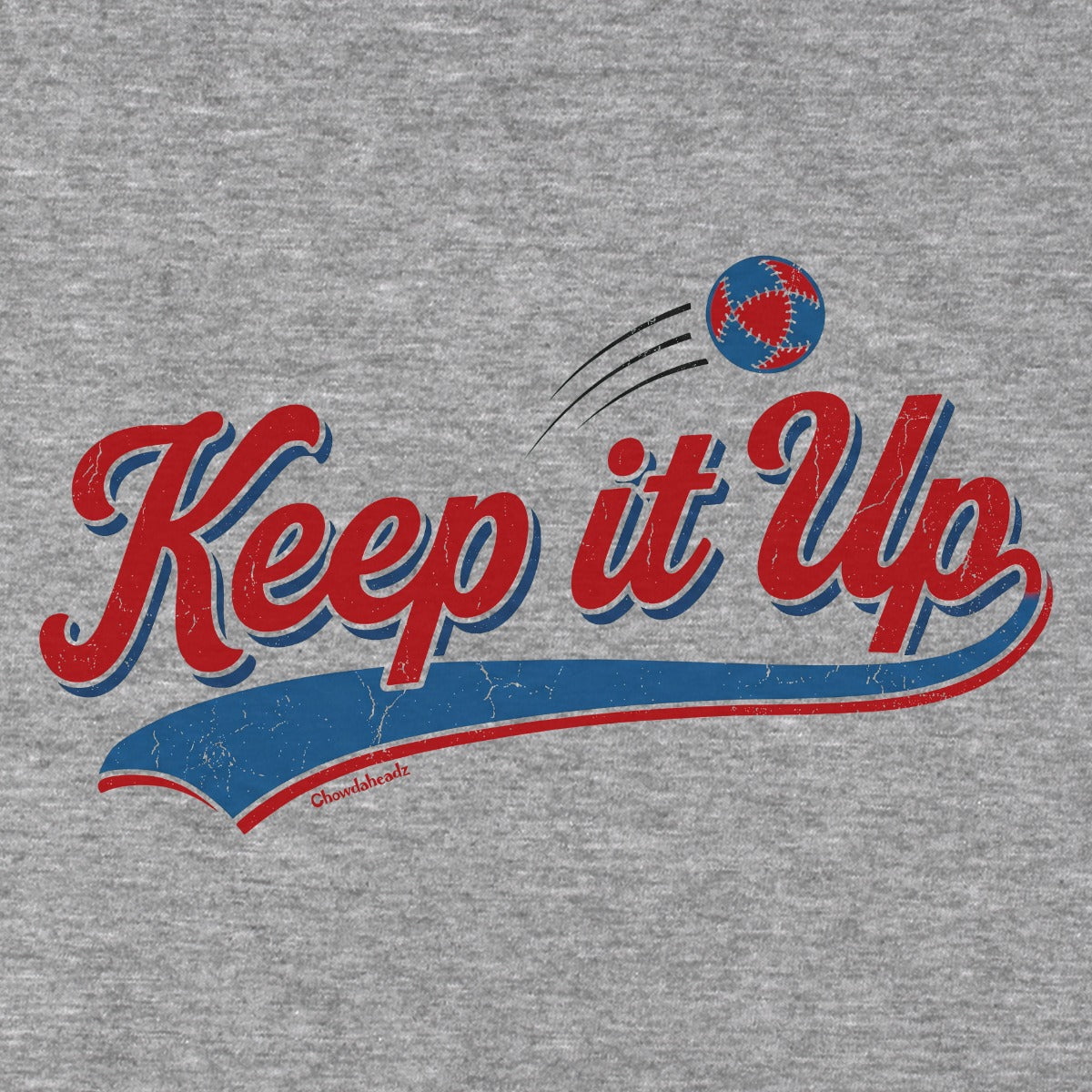 Close-up of Keep It Up Hacky Sack t-shirt — retro hacky sack graphic detail