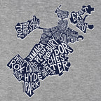 Close-up of the navy-and-white Boston neighborhood-name map on gray hoodie fabric