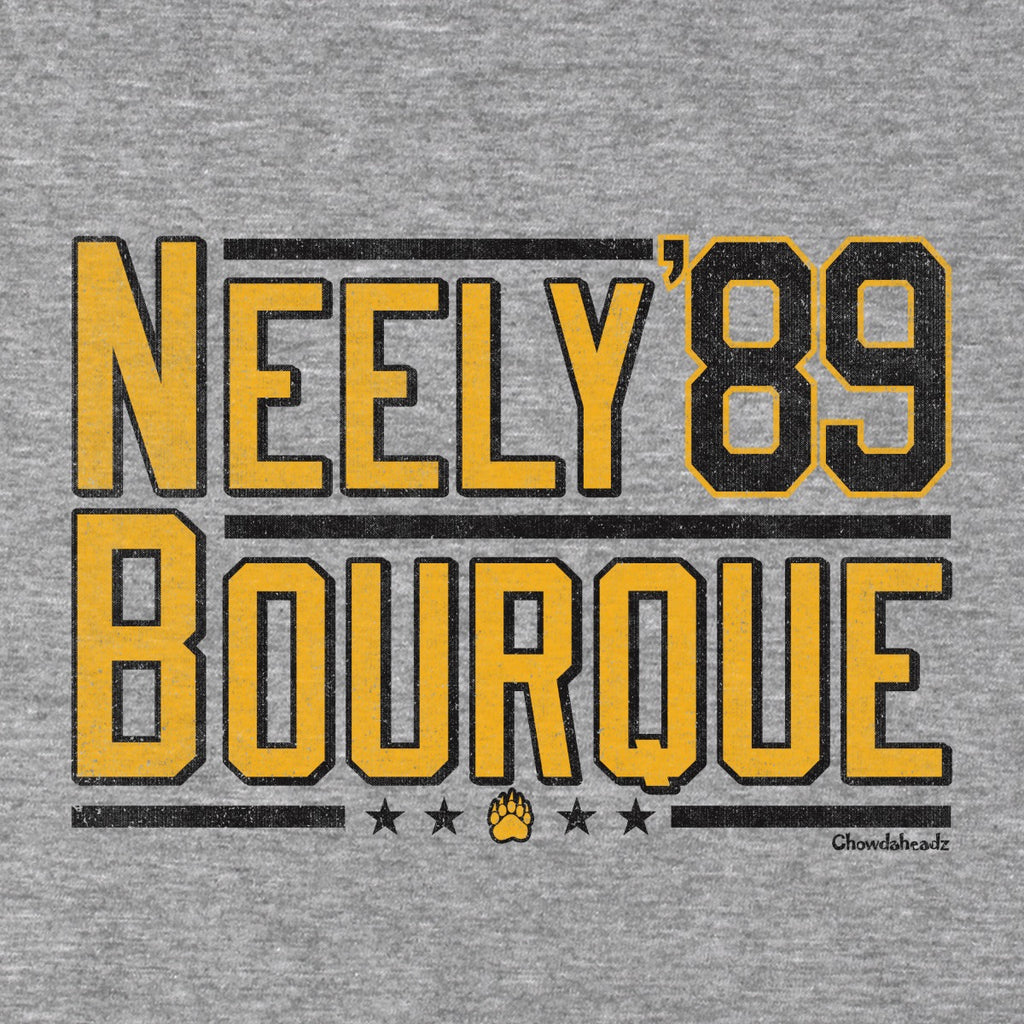 Close-up of gold Neely and Bourque lettering, black '89, stripes, stars and a gold paw on gray fabric