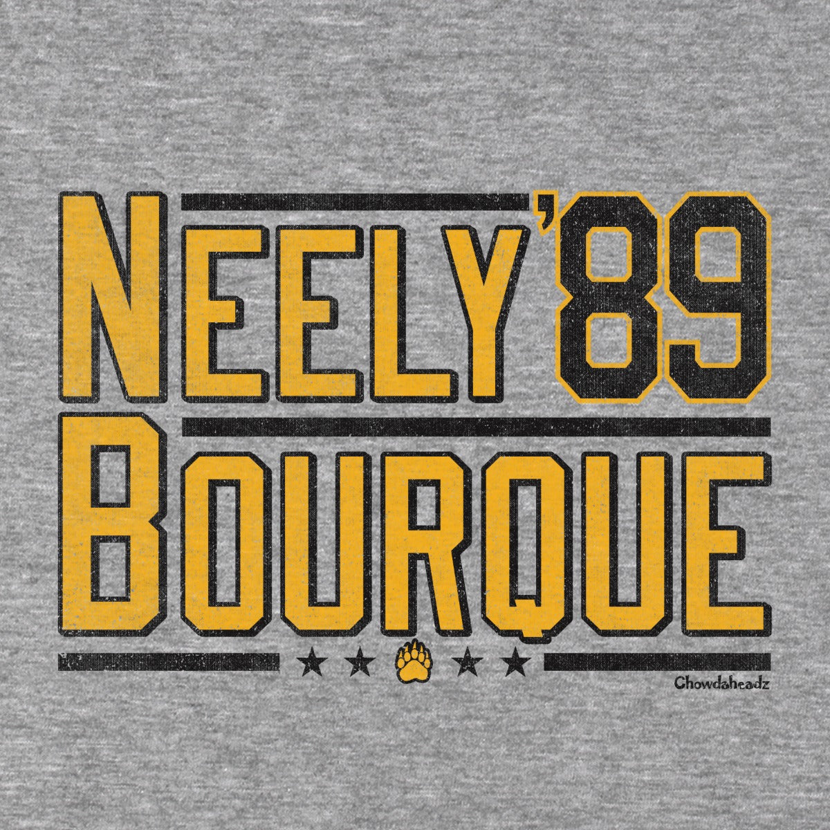 Close-up of gold Neely and Bourque lettering, black '89, stripes, stars and a gold paw on gray fabric