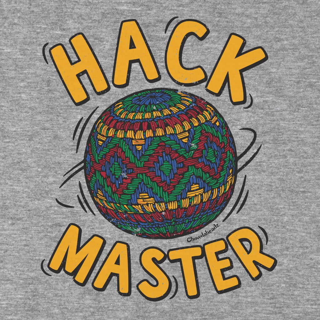 Close-up of Hack Master t-shirt in gray — bold hustle lettering detail