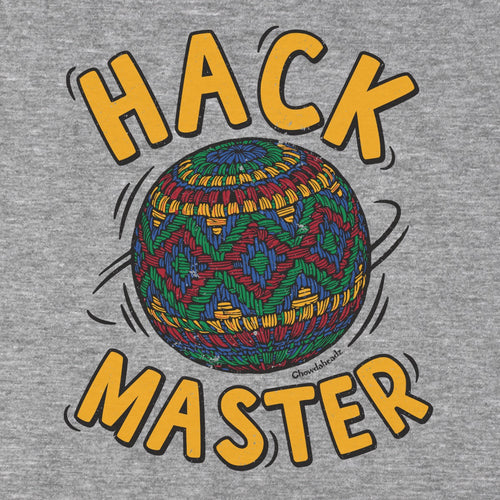 Close-up of Hack Master t-shirt in gray — bold hustle lettering detail
