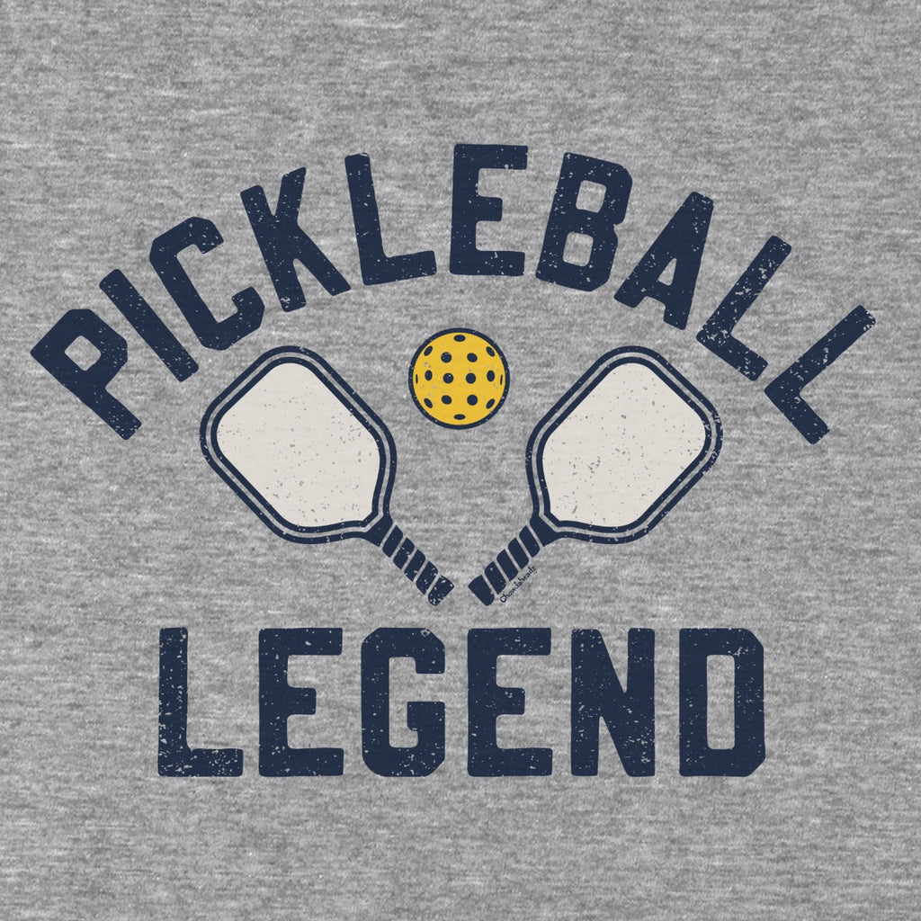 Close-up of gray Pickleball Legend hoodie graphic — bold pickleball-themed chest print