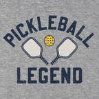 Close-up of gray Pickleball Legend hoodie graphic — bold pickleball-themed chest print