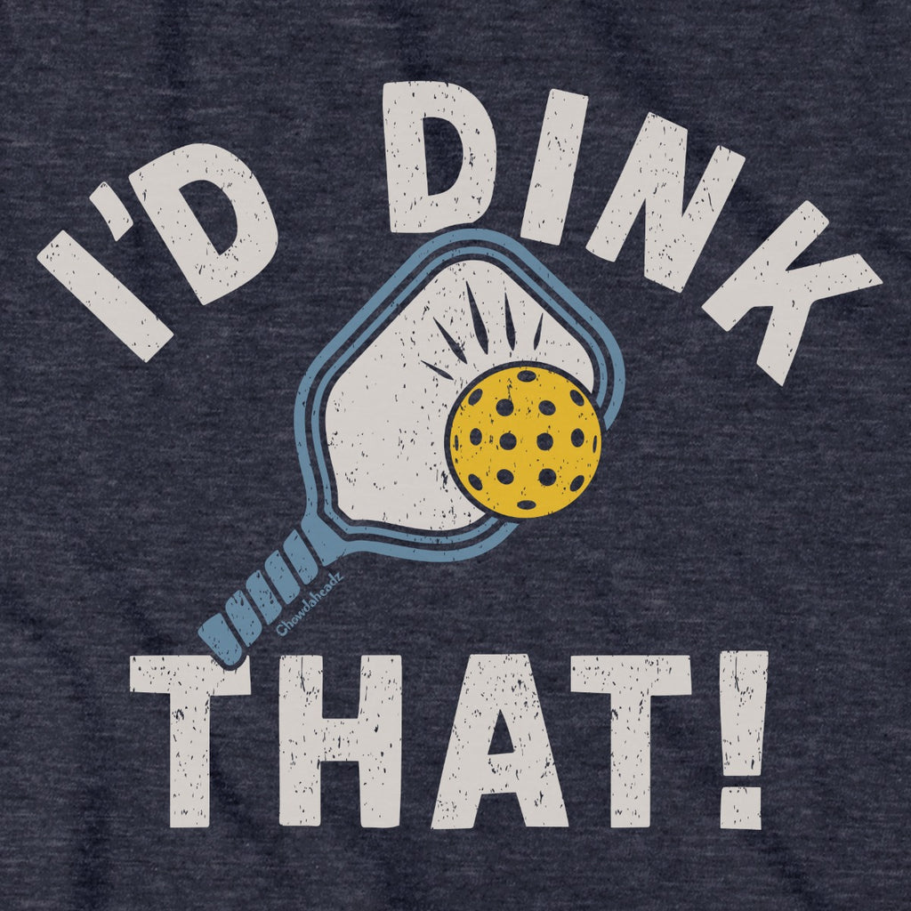 Close-up of I'd Dink That pickleball hoodie in heather blue — graphic detail