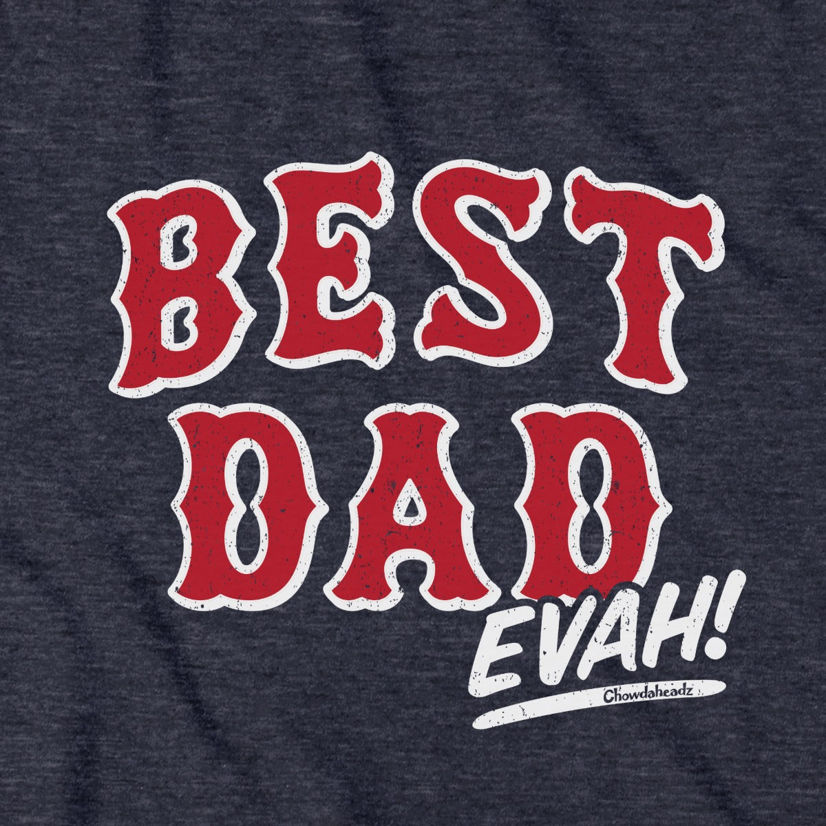 Close-up of Best Dad Evah Home Team Baseball hoodie in heather blue — graphic detail