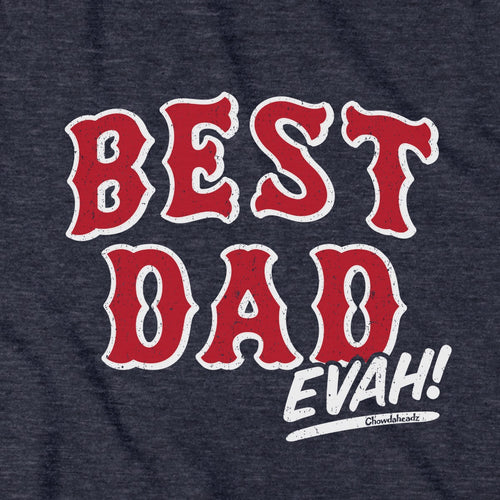 Close-up of Best Dad Evah Home Team Baseball hoodie in heather blue — graphic detail