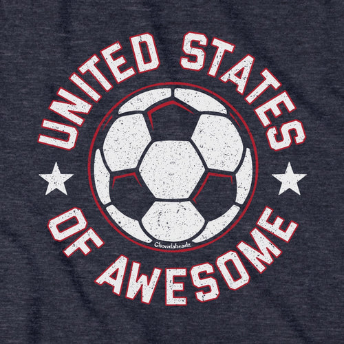 United States of Awesome Soccer tee graphic detail in Heather Blue