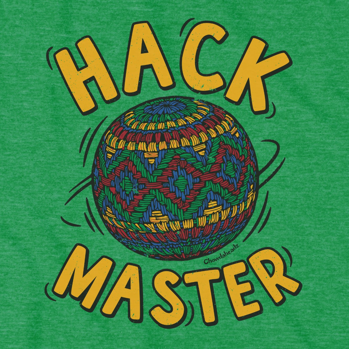 Close-up of Hack Master t-shirt in kelly green — hustle lettering detail