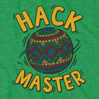 Close-up of Hack Master t-shirt in kelly green — hustle lettering detail