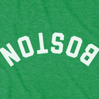 Close-up of Upside Down Arch t-shirt design in kelly green — inverted Boston arch detail
