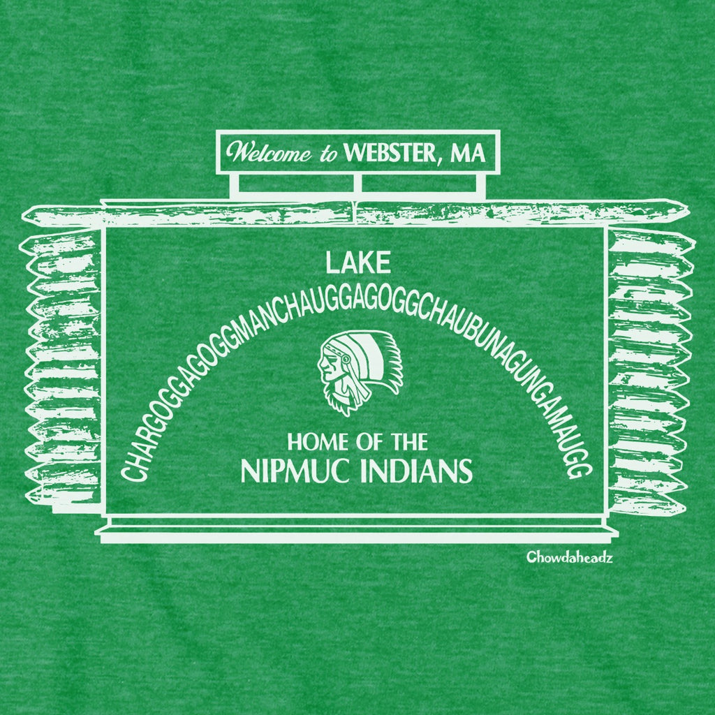 Close-up of white Webster lake-sign artwork on green fabric, showing 'Welcome to Webster, MA,' the arched lake name, and a central profile illustration.