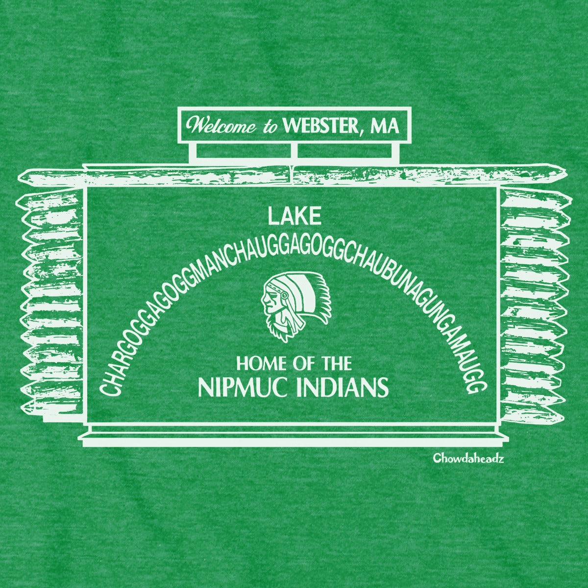 Close-up of white Webster lake-sign artwork on green fabric, showing 'Welcome to Webster, MA,' the arched lake name, and a central profile illustration.