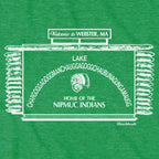 Close-up of white Webster lake-sign artwork on green fabric, showing 'Welcome to Webster, MA,' the arched lake name, and a central profile illustration.