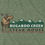 Close-up of the Bugaboo Creek Steak House moose and mountain design on Military Green fabric