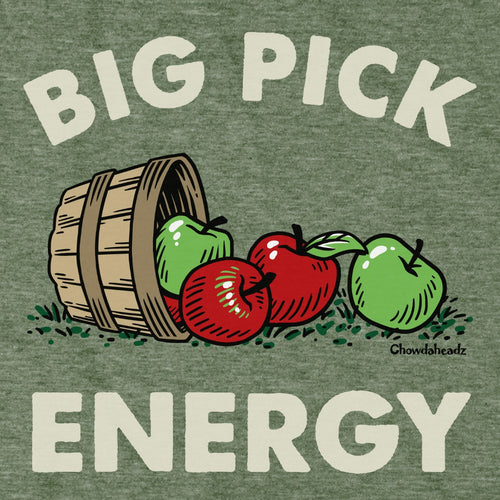 Big Pick Energy apple picking tee graphic detail in Military Green
