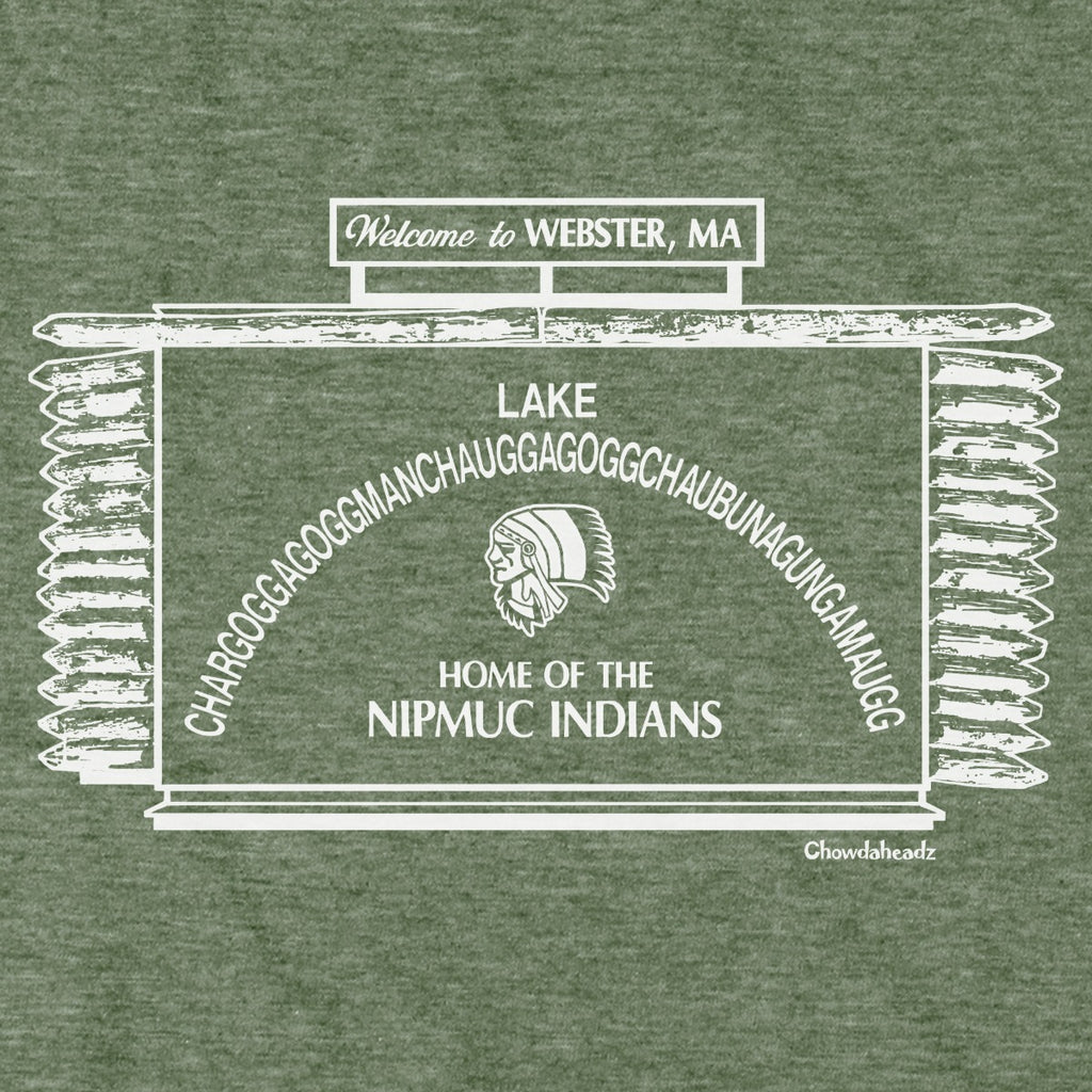 Close-up of white Webster, MA lake-sign artwork on military green fabric, with the long lake name, a profile illustration, and 'Home of the Nipmuc Indians.'
