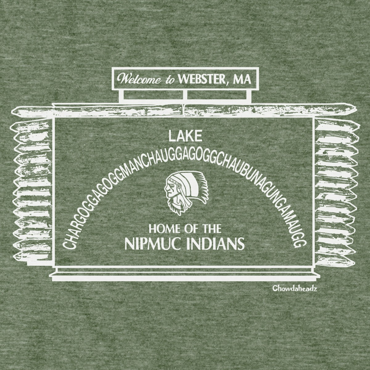 Close-up of white Webster, MA lake-sign artwork on military green fabric, with the long lake name, a profile illustration, and 'Home of the Nipmuc Indians.'