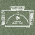 Close-up of white Webster, MA lake-sign artwork on military green fabric, with the long lake name, a profile illustration, and 'Home of the Nipmuc Indians.'