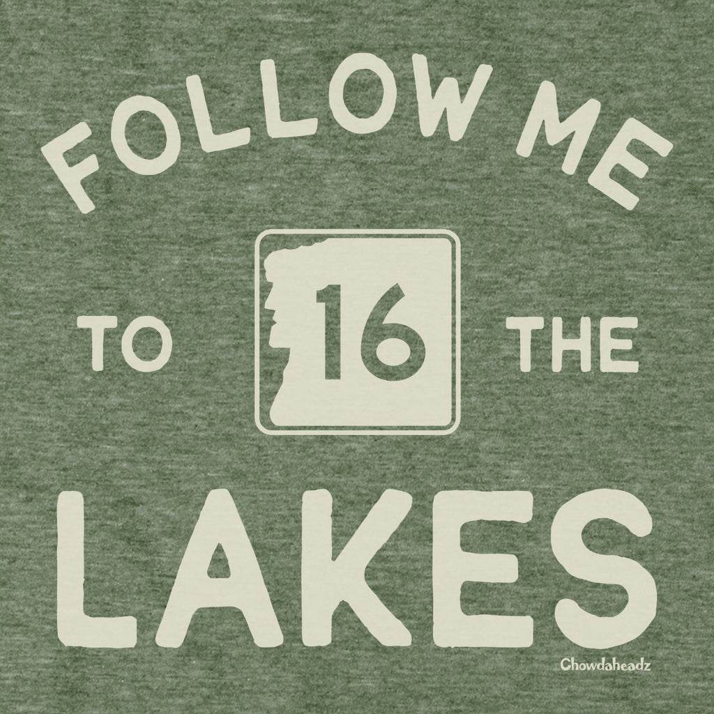 Follow Me To The Lakes NH tee graphic detail in Military Green