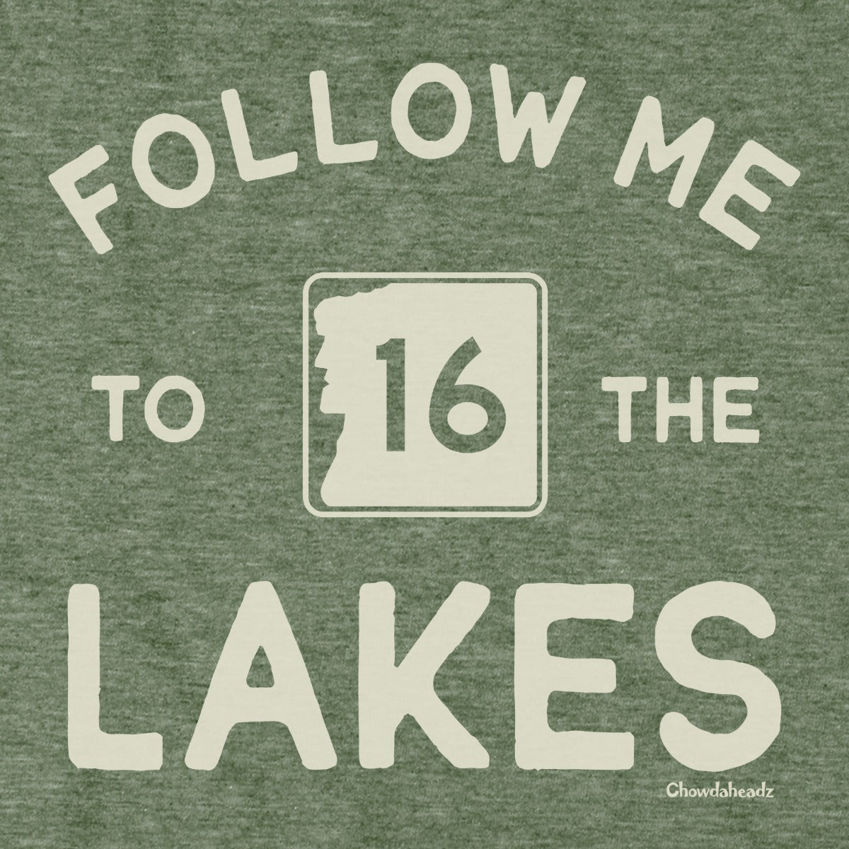 Follow Me To The Lakes NH tee graphic detail in Military Green