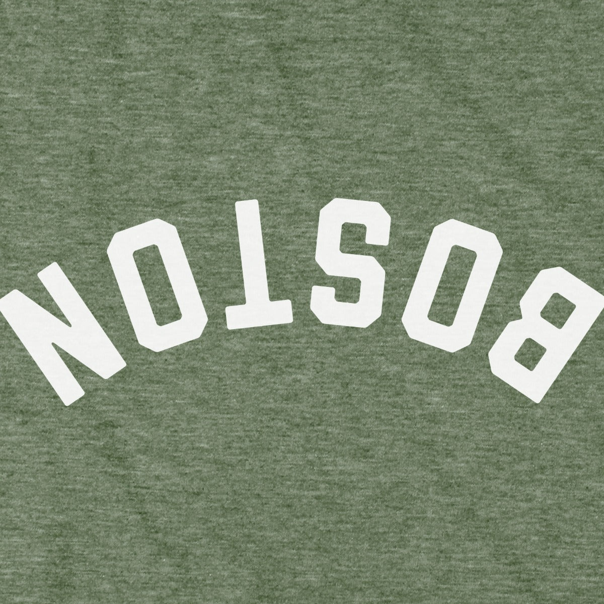 Close-up of Upside Down Arch t-shirt design in military green — inverted Boston arch detail
