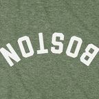 Close-up of Upside Down Arch t-shirt design in military green — inverted Boston arch detail