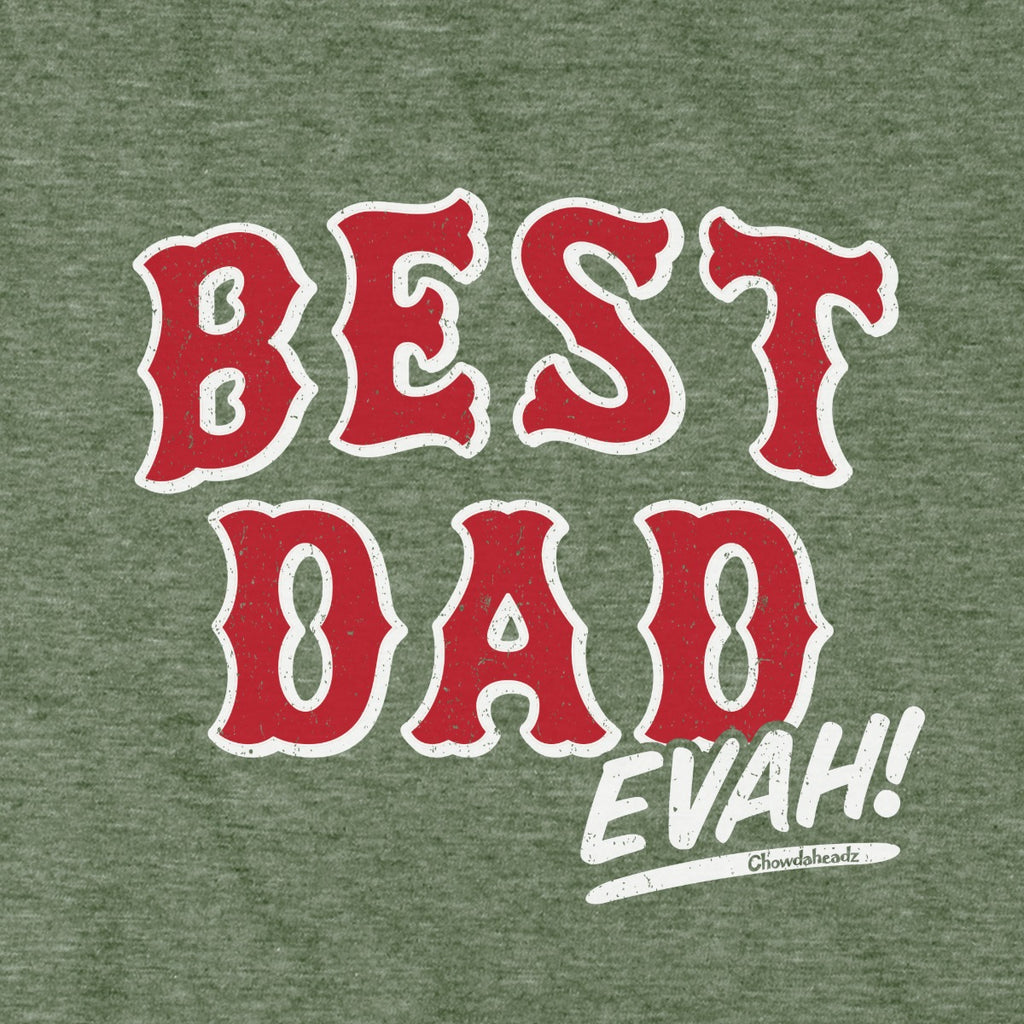 Close-up of Best Dad Evah Home Team Baseball hoodie in military green — graphic detail