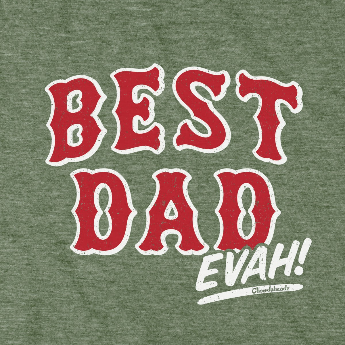 Close-up of Best Dad Evah Home Team Baseball hoodie in military green — graphic detail