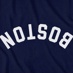 Close-up of Upside Down Arch t-shirt design in navy — inverted Boston arch detail
