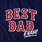 Close-up of Best Dad Evah Home Team Baseball t-shirt in navy — graphic detail