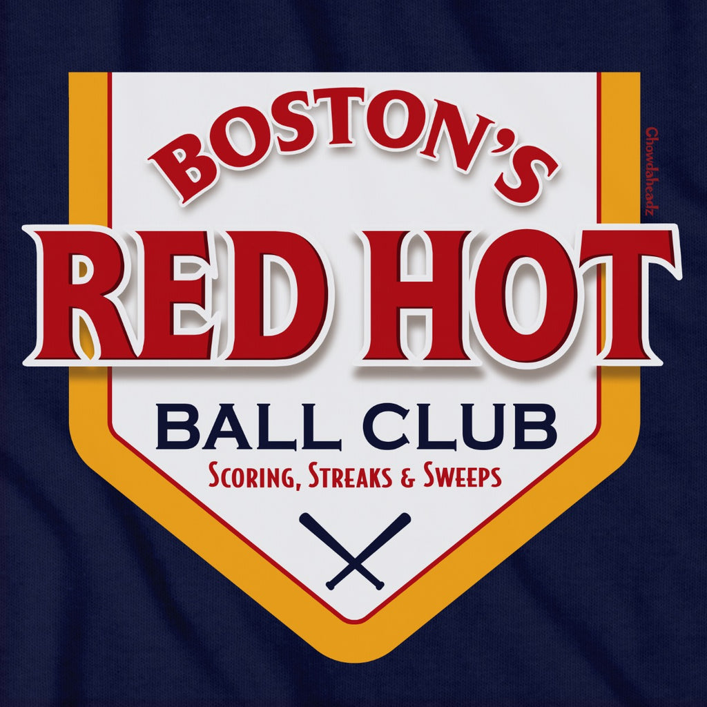 Boston's Red Hot Baseball Label tee graphic detail in Navy