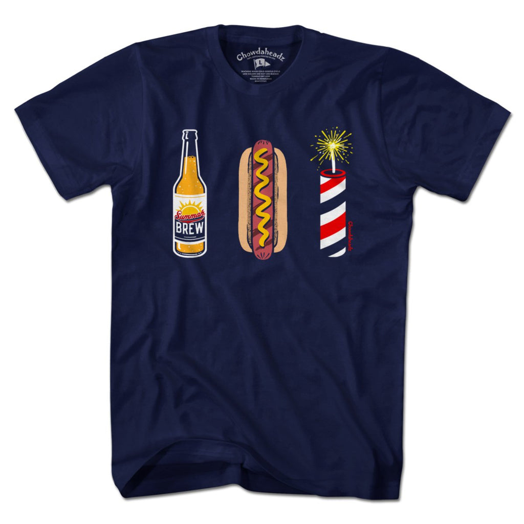 Beer Hot Dog Fireworks USA t-shirt with three-icon graphic on stars-and-stripes — July 4th cookout tee