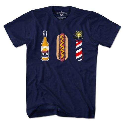 Beer Hot Dog Fireworks USA t-shirt with three-icon graphic on stars-and-stripes — July 4th cookout tee