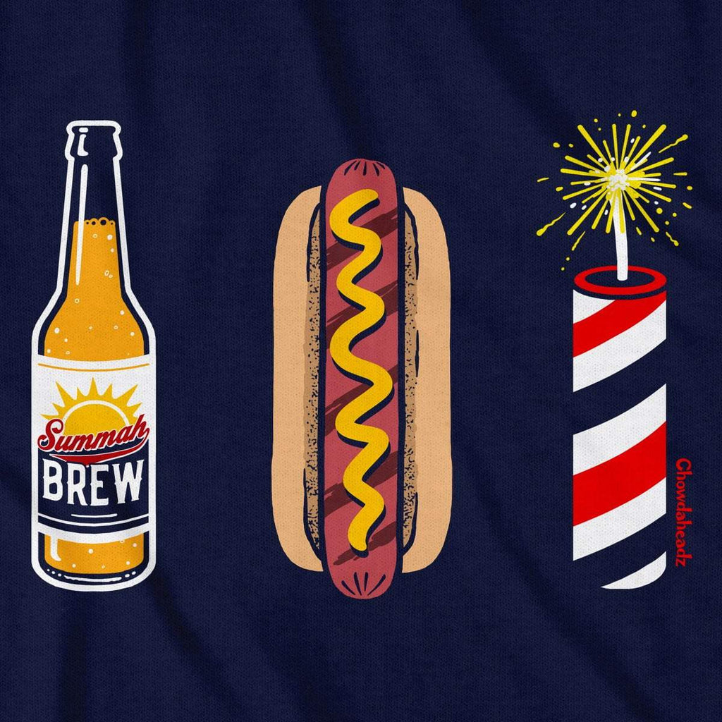 Close-up of Beer Hot Dog Fireworks shirt design — three-icon illustration detail