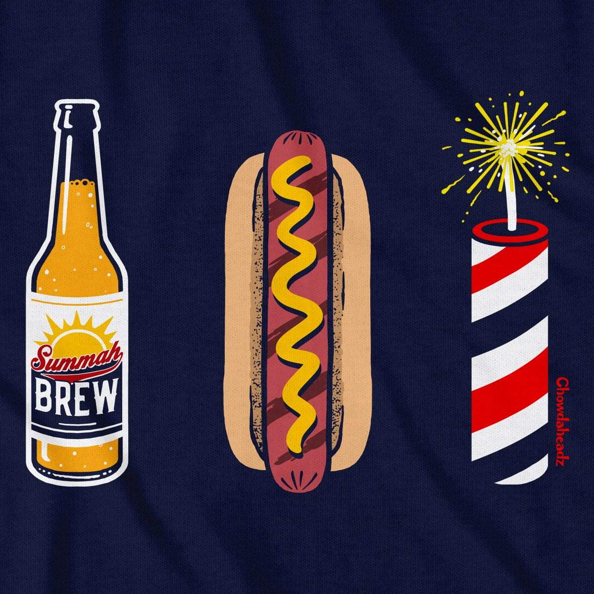 Close-up of Beer Hot Dog Fireworks shirt design — three-icon illustration detail
