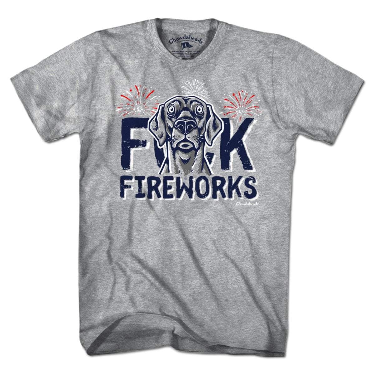 F Fireworks USA Dog t-shirt with funny patriotic dog graphic — funny dog fireworks tee