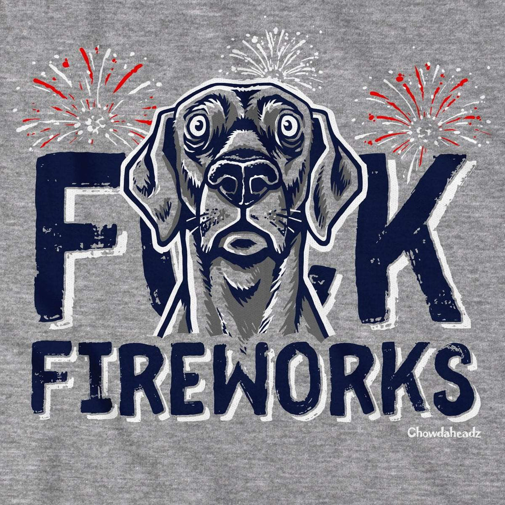 Close-up of F Fireworks USA Dog shirt design — patriotic dog illustration