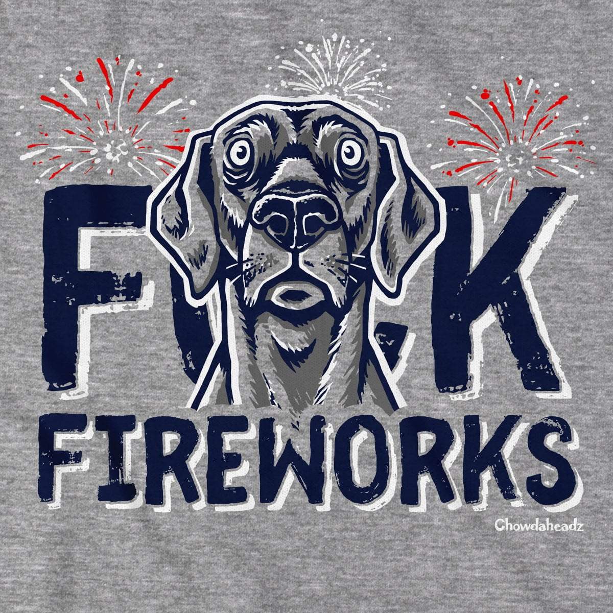 Close-up of F Fireworks USA Dog shirt design — patriotic dog illustration